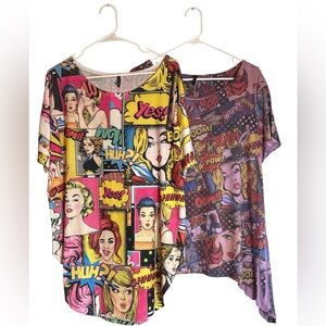 TWO! Poliana Plus 3XL Pop Art Comic Print Tops Asymmetrical & Rounded Hem